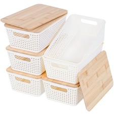 Small Storage Bins with Lids 6 Packs, Plastic Storage Basket with Bamboo Lid ...