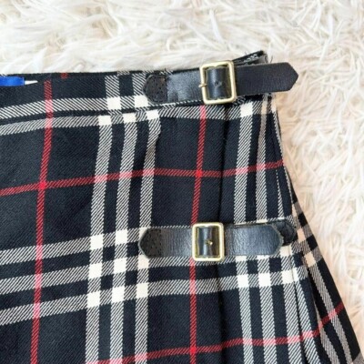 Burberry Blue Label Nova Check Wrapped Skirt Pleated Fringe Wool