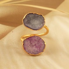 Geode Druzy Double Layer Ring Yellow Gold Electroplated Handmade Adjustable Ring