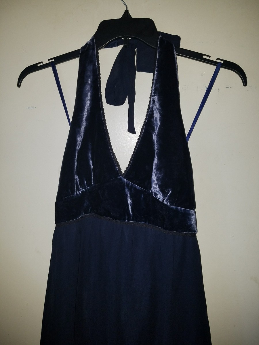 bcbg navy halter dress NWT BCBG MaxAzria Silk Chiffon Velvet Tiered Halter Dress Navy Blue sz L