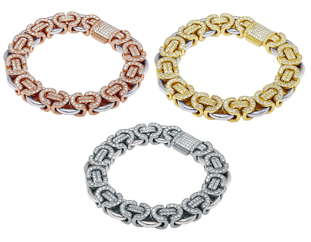 Two Tone 9 4/5 CT Real Diamond Byzantine Link Bracelet Gold 13MM