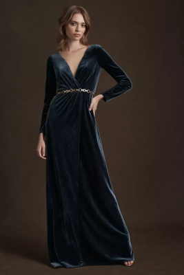 NWT BHLDN JENNY YOO RYLAND V-NECK LONG-SLEEVE OPEN-BACK STRETCH VELVET GOWN  | eBay