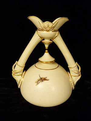 RARE ROYAL WORCESTER DOUBLE SPOUTED & HANDLED VASE W/ DRAGONFLIES