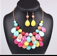 Gold Toned Multi Colored Acrylic Bead Multi Layer Necklace And Earring Set