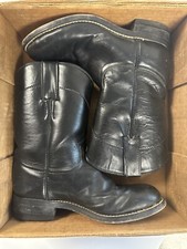 Vintage Justin Western Boots Boys 1 1/2B Black Leather Pull On Made in USA