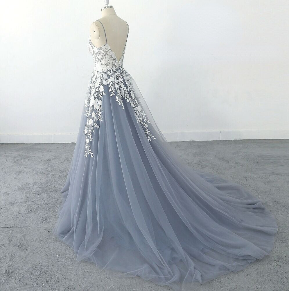 ash blue wedding dress Two Piece Ivory Lace Dusty Blue Tulle Short Sleeves Wedding Party Dress 18W