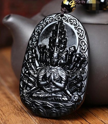Natural Black Obsidian Pendant Chinese Thousand Hand GuanYin Charm Necklace Gift - Picture 4 of 6