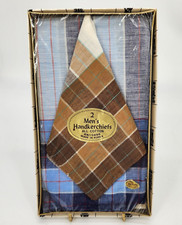 Men's Vintage All Cotton Handkerchiefs 2 Blue Brown Plaid KOREA Unopened Box