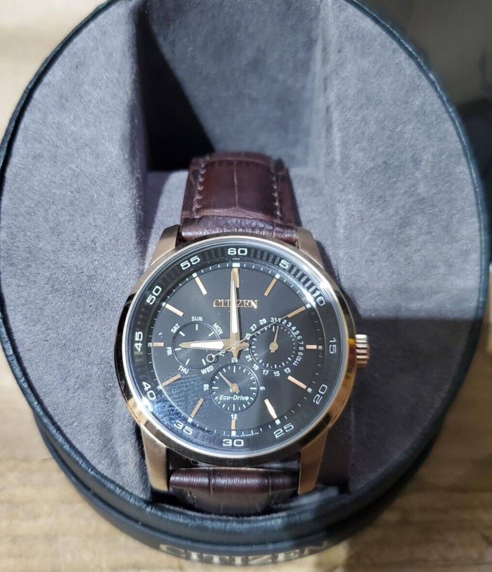 citizen men's dress eco-drive black-brown leather strap watch 44mm bu2013-08e Citizen Eco Drive Multi Function Day & Date Black Dial Brown Leather Strap  Watch For Men main image 1