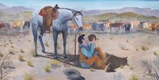 Original oil painting western cowboy horse cattle desert Carol Poebstel