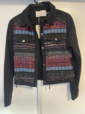 BNWT $465 Ramy Brook Landon Tweed-Paneled Denim Truckers Jacket Multi Size XS