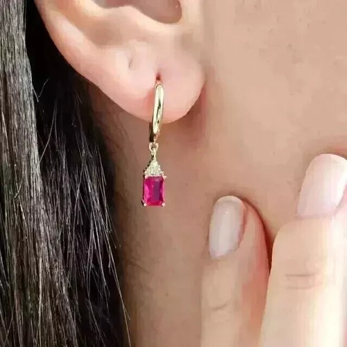 Lab Created Pink Ruby 2Ct Emerald Cut Drop-Dangle Earring 14K Yellow Gold Plated - Picture 8 of 8