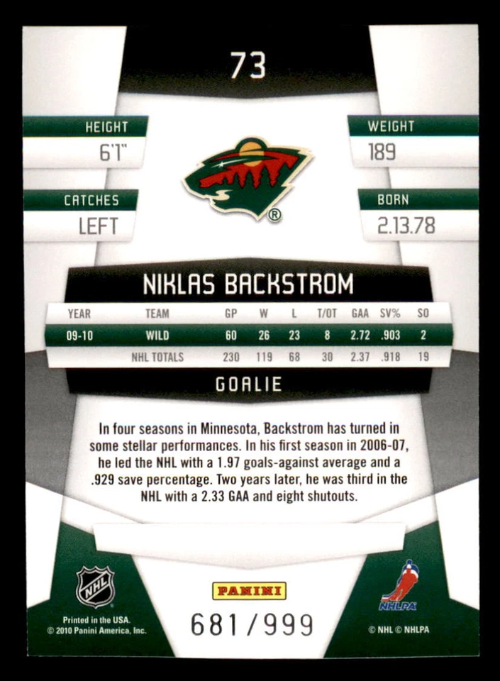 2010-11 Panini Certified Platinum Red #73 Niklas Backstrom Wild 681/999 - Image 2 of 2