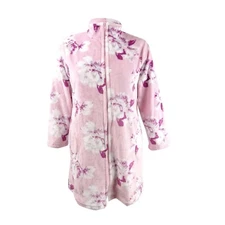 Miss Elaine Women Floral-Print Fleece Short Zipper Robe Pink L - NWOT