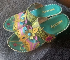 Socofy Bright Turquoise Leather Artistic Floral Sandals Womens Sz EU 39 Bohemian