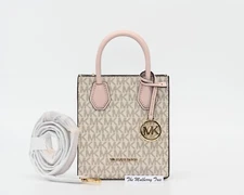 Michael Kors MK Mercer Extra Small Shopper Canvas Leather Crossbody Purse Pink