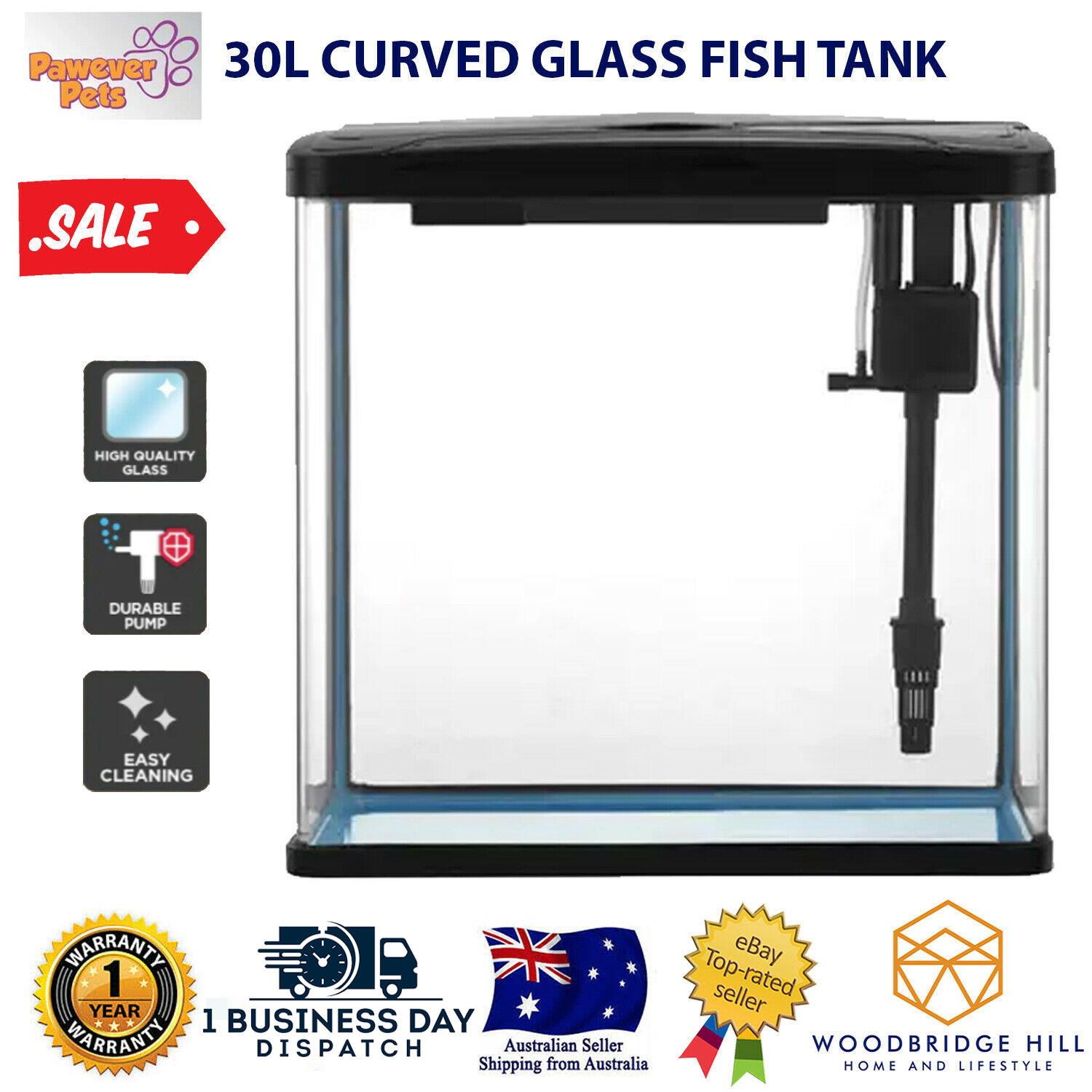 pawever pets curved glass led aquarium fish tank 30l