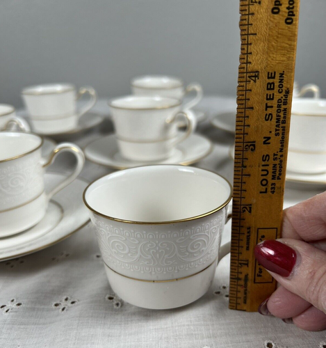 Noritake TULANE Demitasse Tasse & Untertasse 7562 8er Set weiße Schnörkel Goldrand - Bild 5 von 6