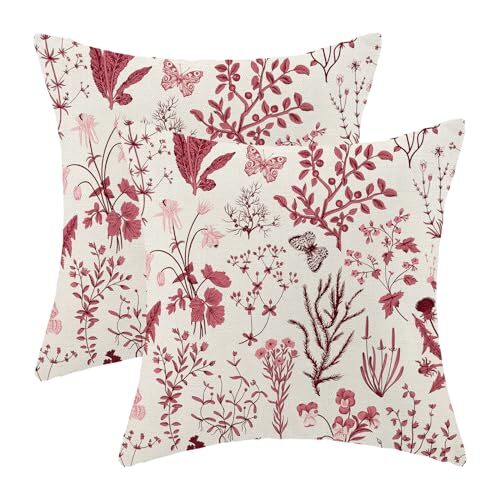 Summer Burgundy Wild Floral Pillow Covers Set of 2 - 18x18 Inch-image
