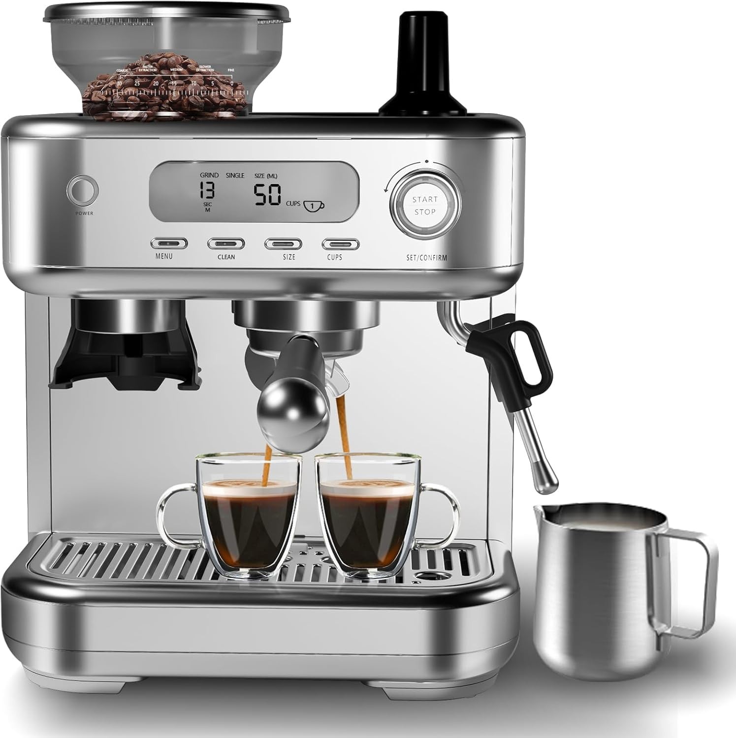 Espresso Machine Built-In Grinder, High Power Milk Frother, Digital LCD, Stai...