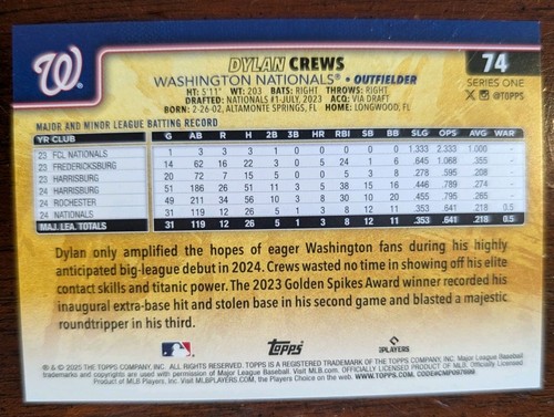 2025 Topps Series 1 Golden Mirror SSP Photo Image Dylan Crews Nationals RC - Picture 1 of 2