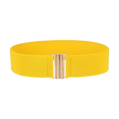 Wide Elastic Waist Belt with Square Metal Buckle, Yellow, 26.7'' to 32.7''