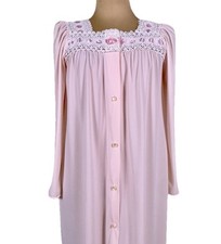 Vintage Shadowline Pink Nylon Nightgown Lace Yoke Ribbon Trim Button Front Small