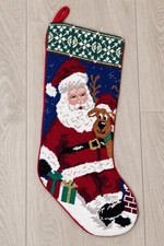 Vintage Wool Needlepoint Christmas Stocking Santa Reindeer Red Velvet Back 20  
