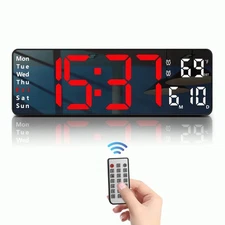 Digital Wall Clock - 13 Large LED Display, Loud Alarm, Remote Control, DST, A...