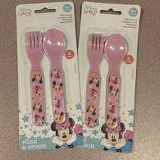 NWT Disney Baby Minnie Mickey Mouse Pink Fork Spoon 2 Sets BPA Free Sealed