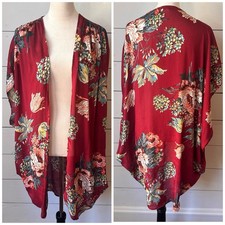 Umgee Maroon Floral Print Kimono Open Front Lightweight Cover Up Sz M/L Boho