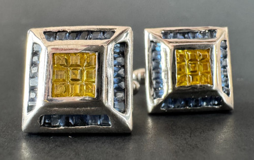 Sterling 925 Silver Y2K Bling Princess Cut Style Canary Yellow Blue CZ Cufflinks