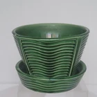 Vtg McCoy Pottery USA Green Wavy Ridged Planter Pot With Attached Saucer  4 in