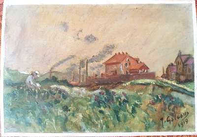 Paysage animé huile sur panneau post impressionniste signée et datée 1919 - Photo 1/3