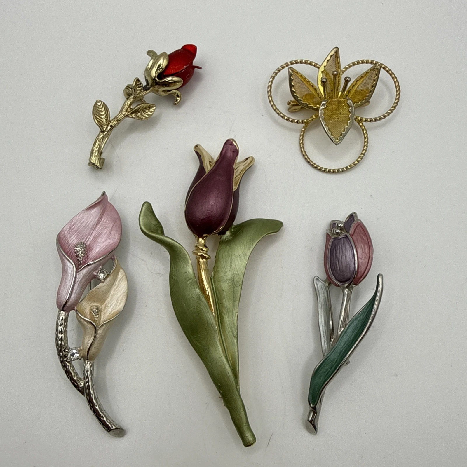 Vintage Flower Floral Brooches Pins Lot Faux Pearl Rhinestone Mesh Abstract