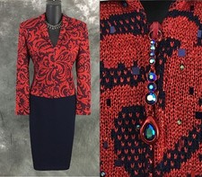 BEAUTIFUL St John evening red blue rhinestones embellished skirt suit size 2 4