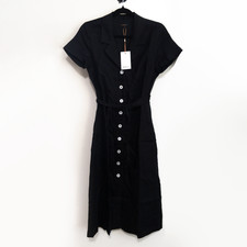 QUINCE XS 100% European Linen Button Front Dress Black Midi Belted Classic NWT
