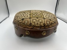 Vintage Pretty Round Wood Brass Foot Stool Rest Needlepoint Embroidery Bun Feet