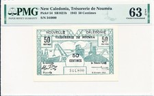 Tresorerie de Noumea New Caledonia 50 Centimes 1943  PMG  63EPQ