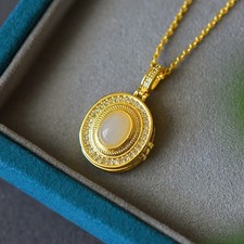 18K Gold Plated Inlaid Hetian White Jade Sachet Box Pendant Necklace