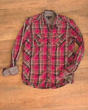 INC Shirt Fit XS Tag Med Red Plaid Black Pearl Western Snap Flip Cuff Vtg Y2k