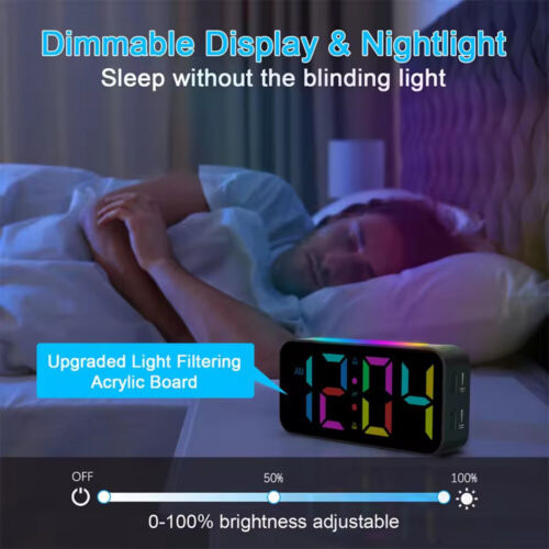 Digital Alarm Clock with Shaker RGB Night Lights LED Color Display Bedroom Clock - Picture 8 of 24