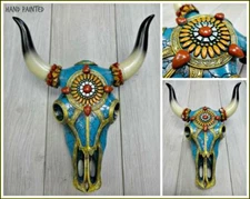 Western Tribal Turquoise Steer Bull Longhorn Skull Hanging Wall Sculpture Decor
