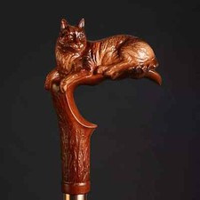 Hand craved cat handle wooden walking cane cat walking stick Christmas gift A1