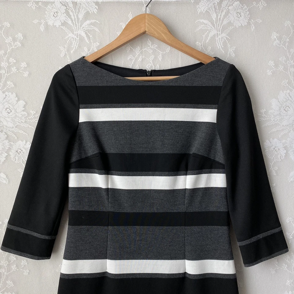 WHBM Black Gray White Striped Sheath Dress 3/4 Sleeves Lined Women’s - Image 4 of 4