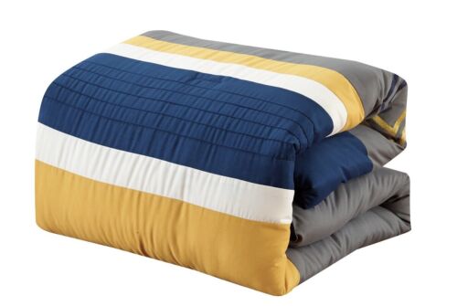 7-Piece Gray Navy Yellow Pleated Stripe Zigzag Chevron Embroidered Comforter Set - Picture 6 of 6