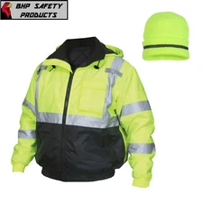 Hi-Vis Insulated Safety Bomber Reflective Jacket with Winter Weather Beanie Hat
