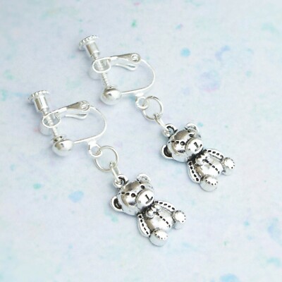 Teddy Bear Clip On Earrings, Also Available For Pierced Ears, Girls Jewellery