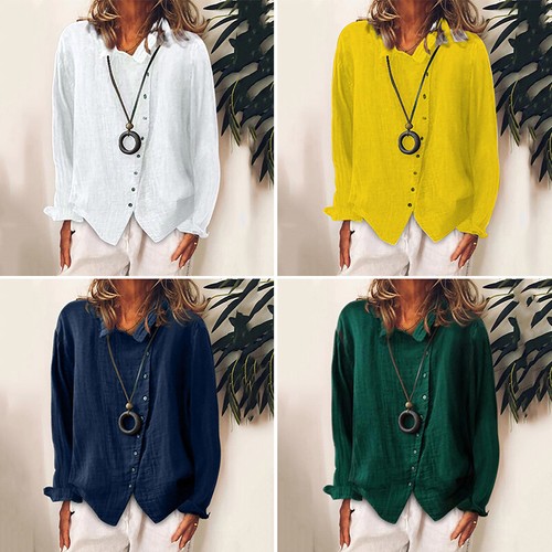 Neue Damen-Sommer-Mode-T-Shirts Mit Knöpfen Solide Bluse Lässige Langarm- 〒 - Picture 3 of 17
