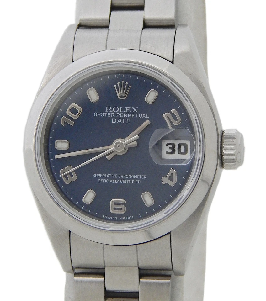 Rolex Fecha Dama Acero Inoxidable Reloj Oyster Pulsera Azul Esfera Árabe 69160